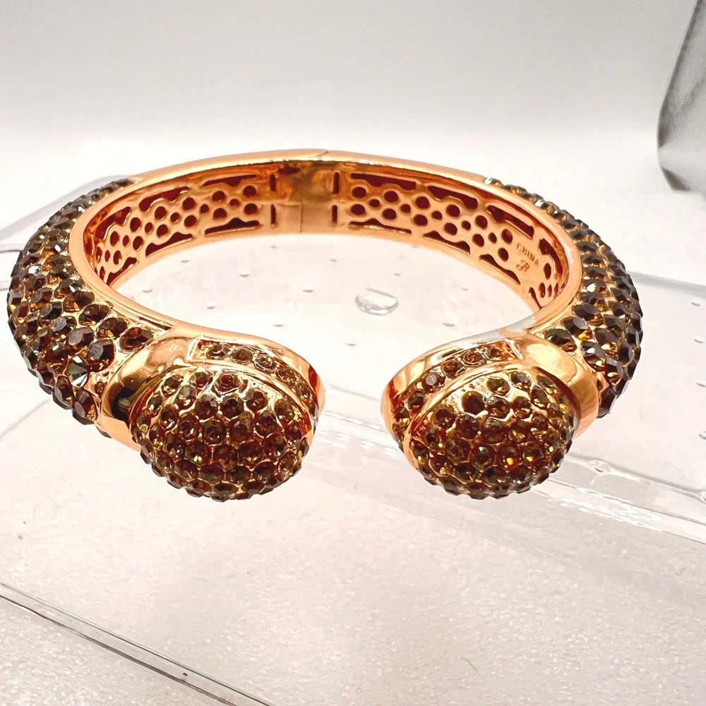 Joan Boyce‎ Hinged Bangle Bracelet Rose Gold Tone Purple Pave Rhinestones READ